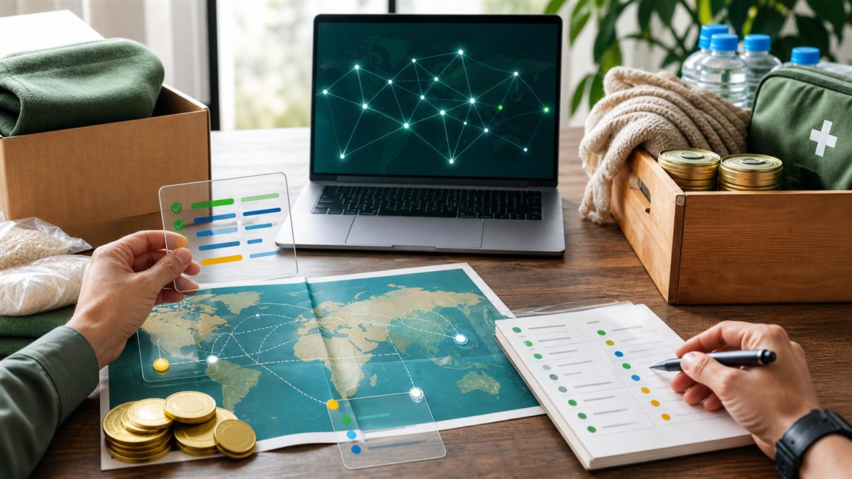 Crypto donation records and international aid planning on a desk